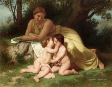  enfants Tableaux - Jeune femme contemplant deux enfants embrassants réalisme William Adolphe Bouguereau